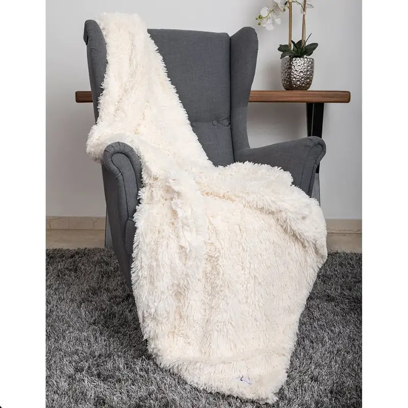 Hello Doggie Shag Throw Dog Blanket - Cream