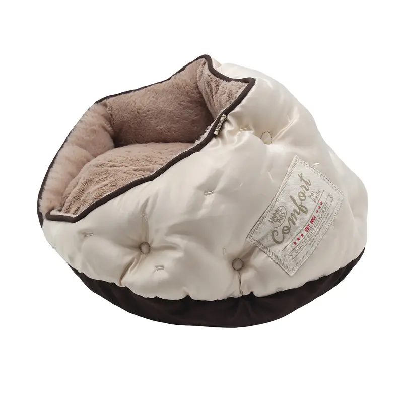 Happy Tails Comfort Luxe Satin Burrow Cat Bed - Pearl Beige