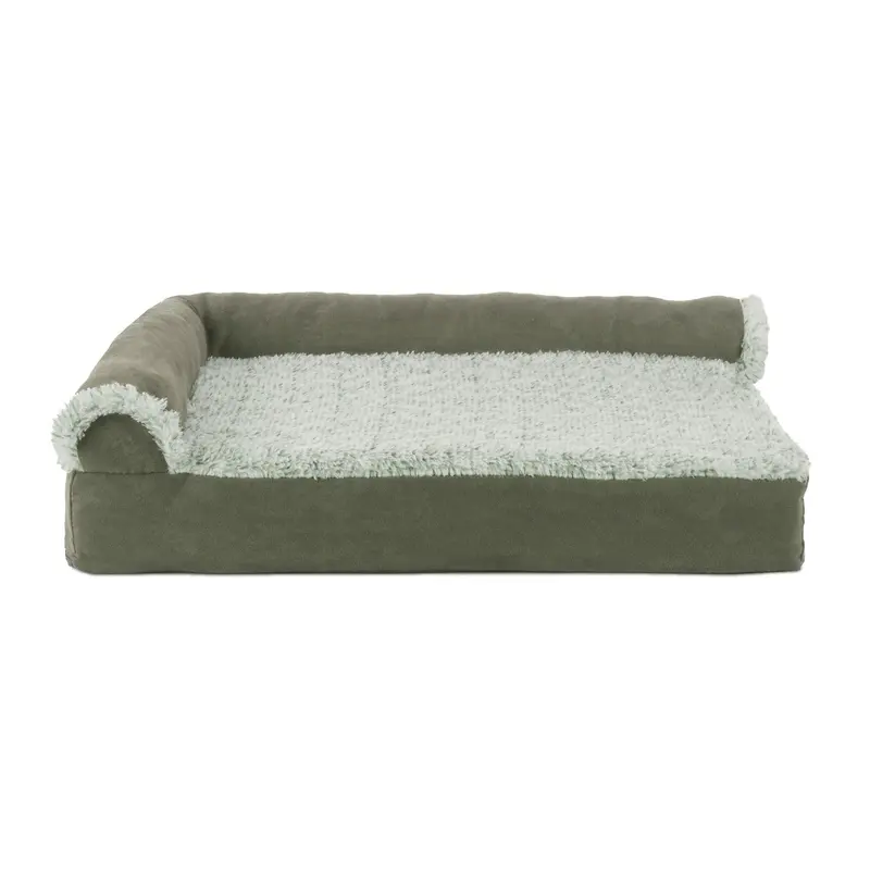 FurHaven Two-Tone Faux Fur & Suede Deluxe Chaise Lounge Sofa-Style Pet Bed - Dark Sage