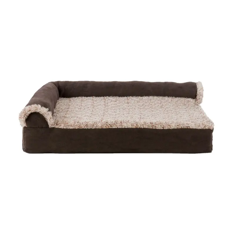 FurHaven Two-Tone Faux Fur & Suede Deluxe Chaise Lounge Sofa-Style Pet Bed - Espresso