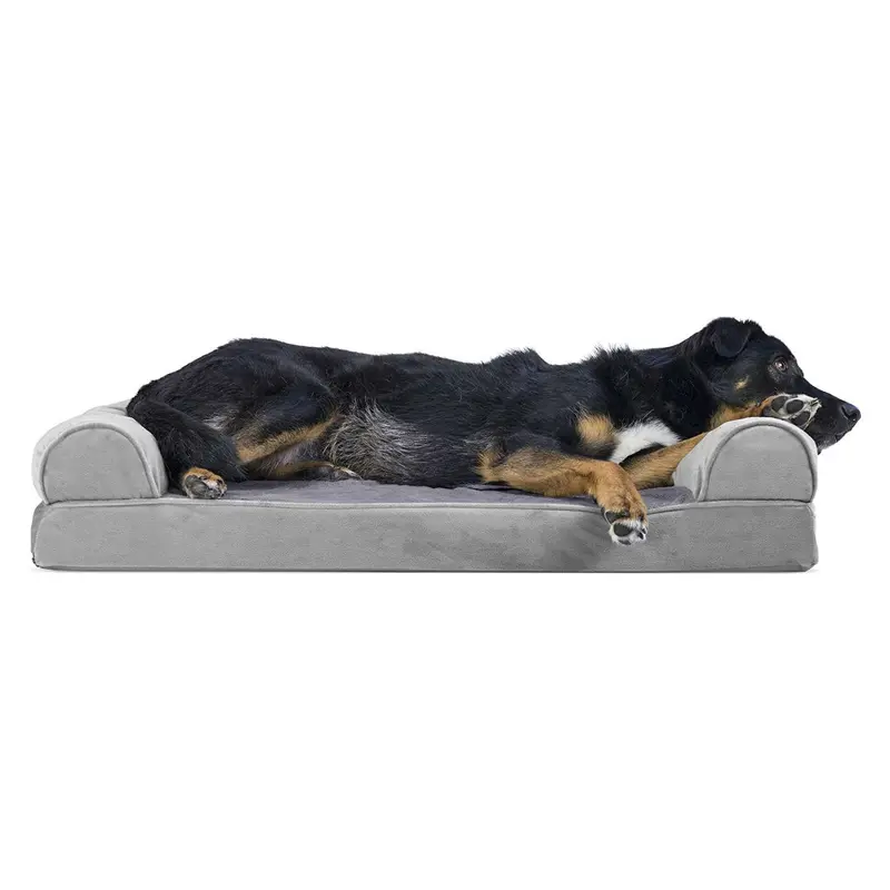FurHaven Faux Fleece & Velvet Memory Top Sofa Pet Bed - Smoke Gray