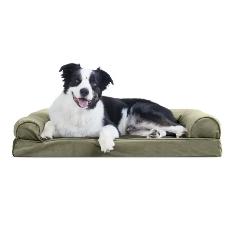 FurHaven Faux Fur & Velvet Cooling Gel Top Sofa-Style Pet Bed - Dark Sage