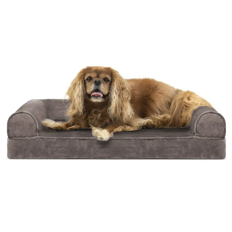 FurHaven Faux Fur & Velvet Cooling Gel Top Sofa-Style Pet Bed - Driftwood Brown