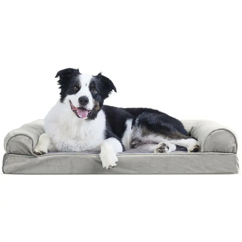 FurHaven Faux Fur & Velvet Cooling Gel Top Sofa-Style Pet Bed - Smoke Gray