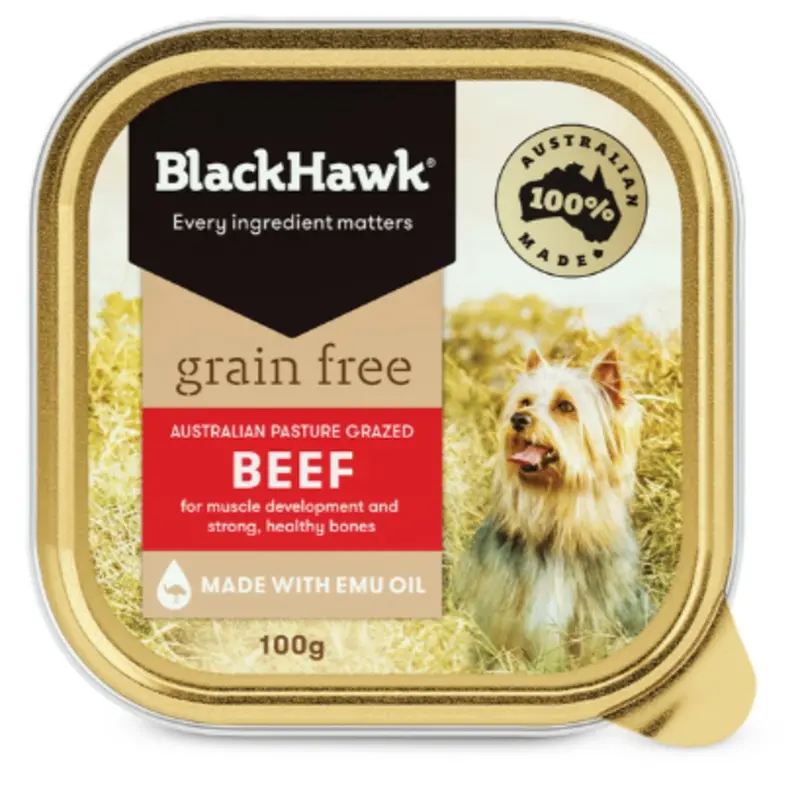 Pack of BLACK HAWK WET GRAIN FREE BEEF 100G X 9