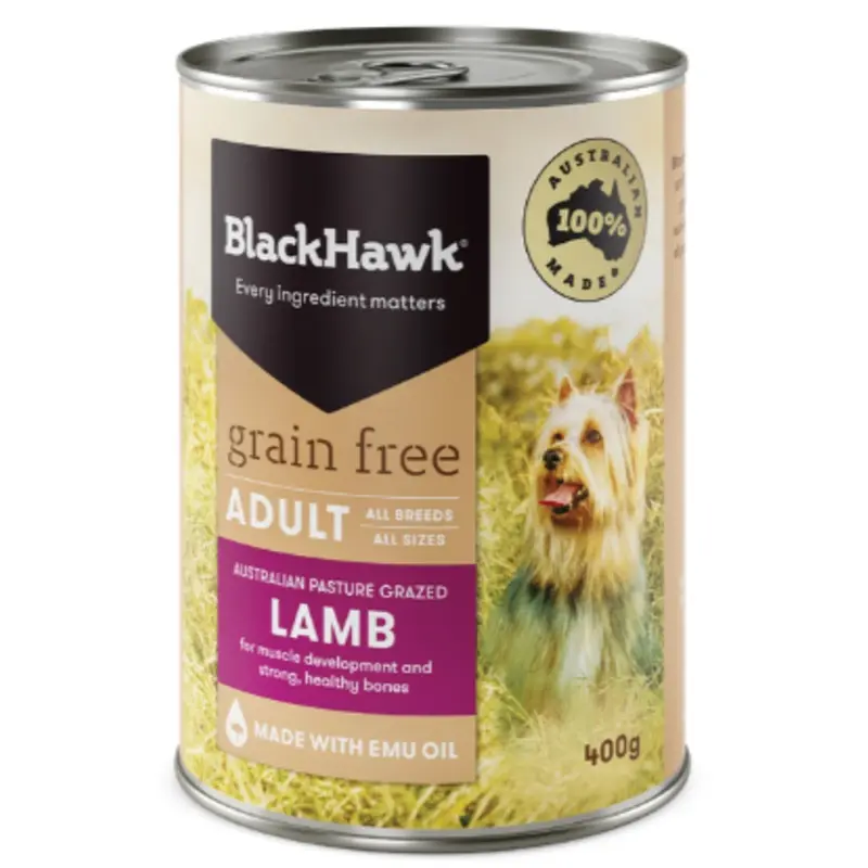 Pack of BLACK HAWK WET GRAIN FREE LAMB 400G X 12