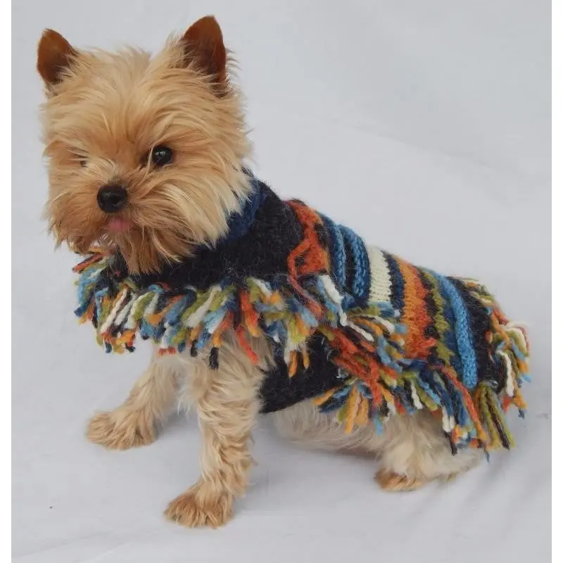 Peruvian Striped Poncho With Multicolor Fringe*