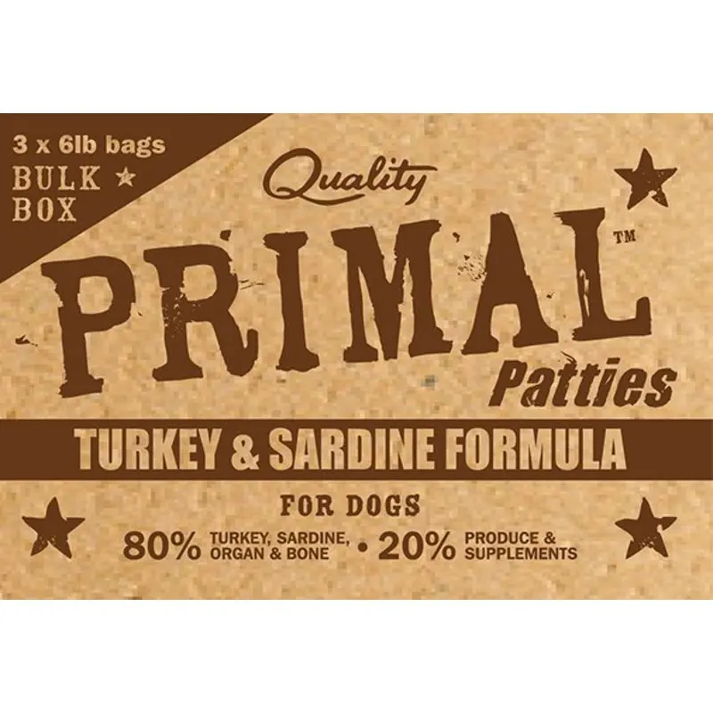 PRIMAL BULK RAW PATTIES : TURKEY & SARDINE FORMULA 18LB BOX