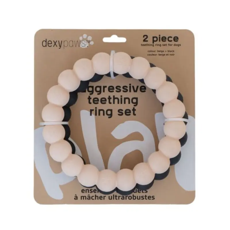 Dexypaws 2 Piece Aggressive Teething Ring Set, Beige and Black Dog 1pc