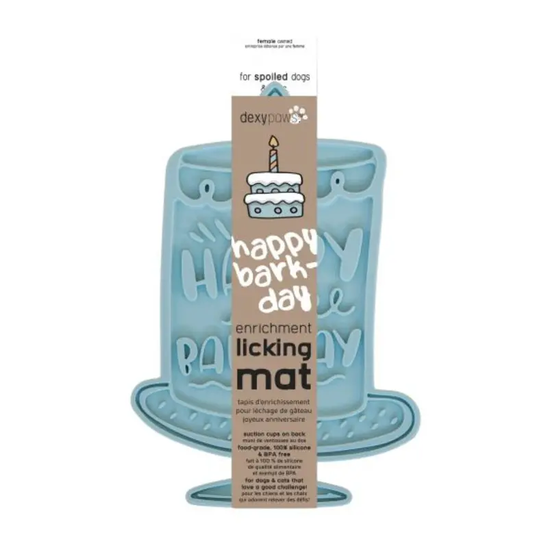 Dexypaws Happy Bark-day Enrichment Licking Mat, Blue Cat and Dog