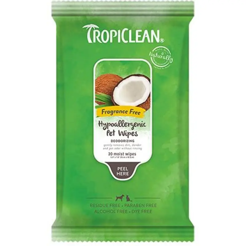 TROPICLEAN HYPOALLERGENIC WIPES FRANGRANCE FREE 20 WP