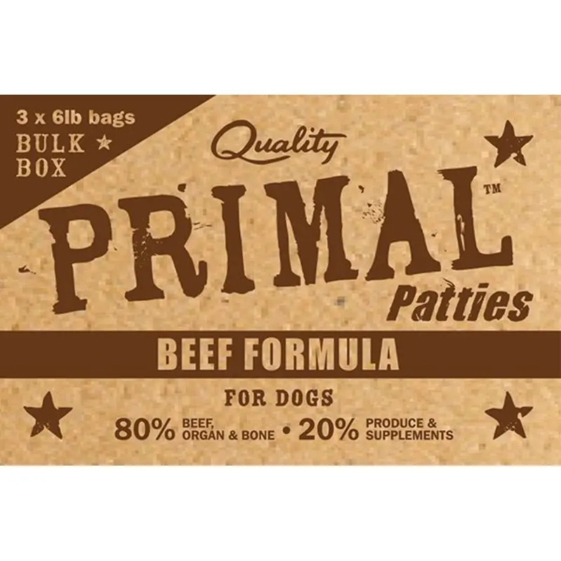 PRIMAL BULK RAW PATTIES : BEEF FORMULA 18LB BOX