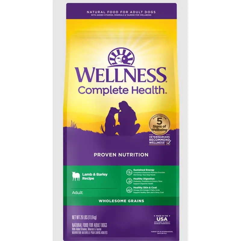 Wellness Complete Health Adult Dry Dog Food Lamb & Barley Recipe 26lb Bag