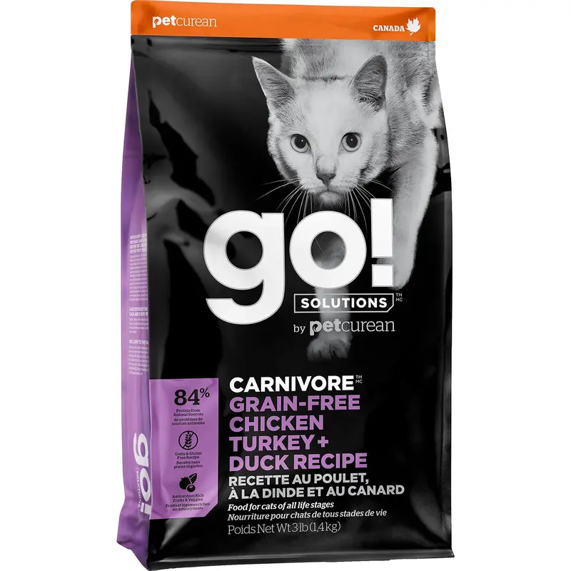 Petcurean GO! CARNIVORE GF Chicken, Turkey + Duck Recipe for cats 12# 