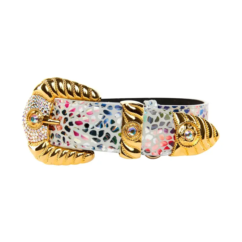 White Floral Mosaic Italian Leather Collar with Orante Swarovski Crystal Hardware
