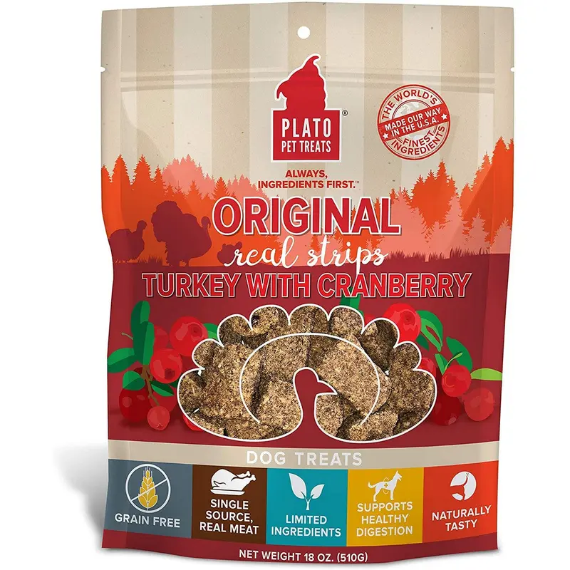 Plato Turkey with Cranberry Real Strips Dog Treats, Grain Free Meat Bars 18oz