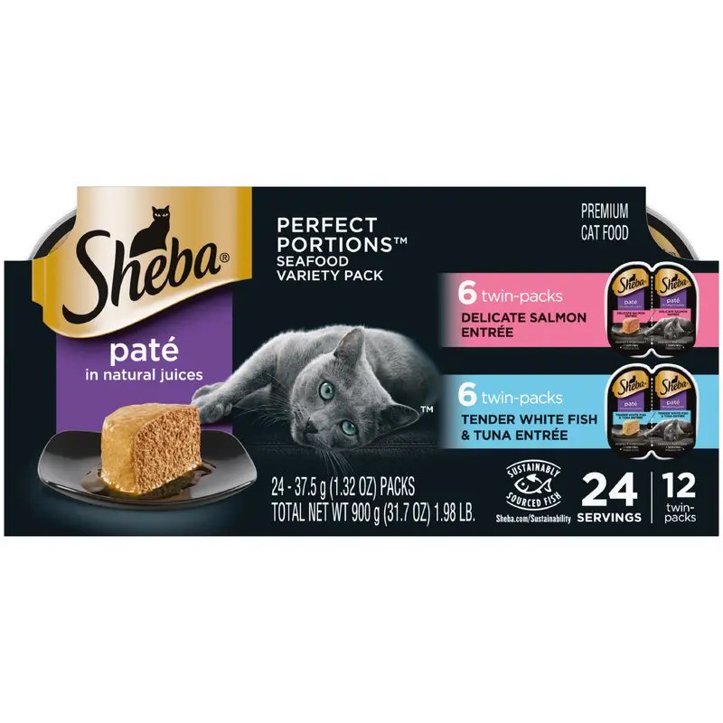 Sheba Wet Cat Food Pate Variety Pack, Salmon, Whitefish & Tuna Entrees, 2.6oz 12pk