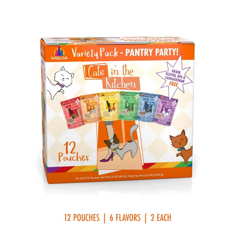 Weruva Cats in the Kitchen Variety 12 Pack Pouch Cat food 3oz  Pantry Party