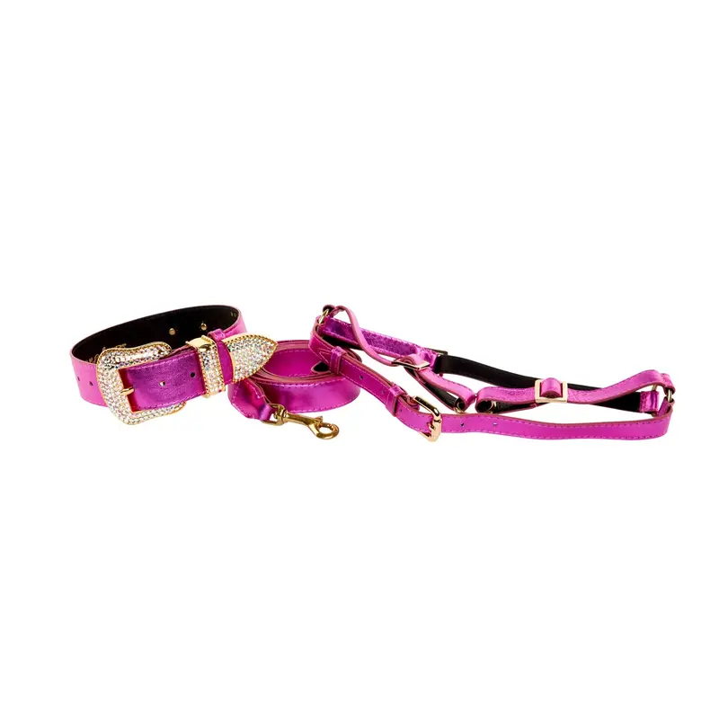 Pink Foil Italian Leather/Swarovski Crystal Collar, Leash, Harness Set