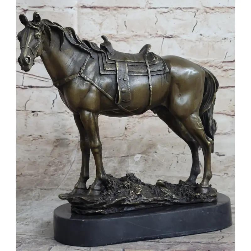 Large Original Loving Horse with his Saddle Western Art Cowboy Bronze Sculpture