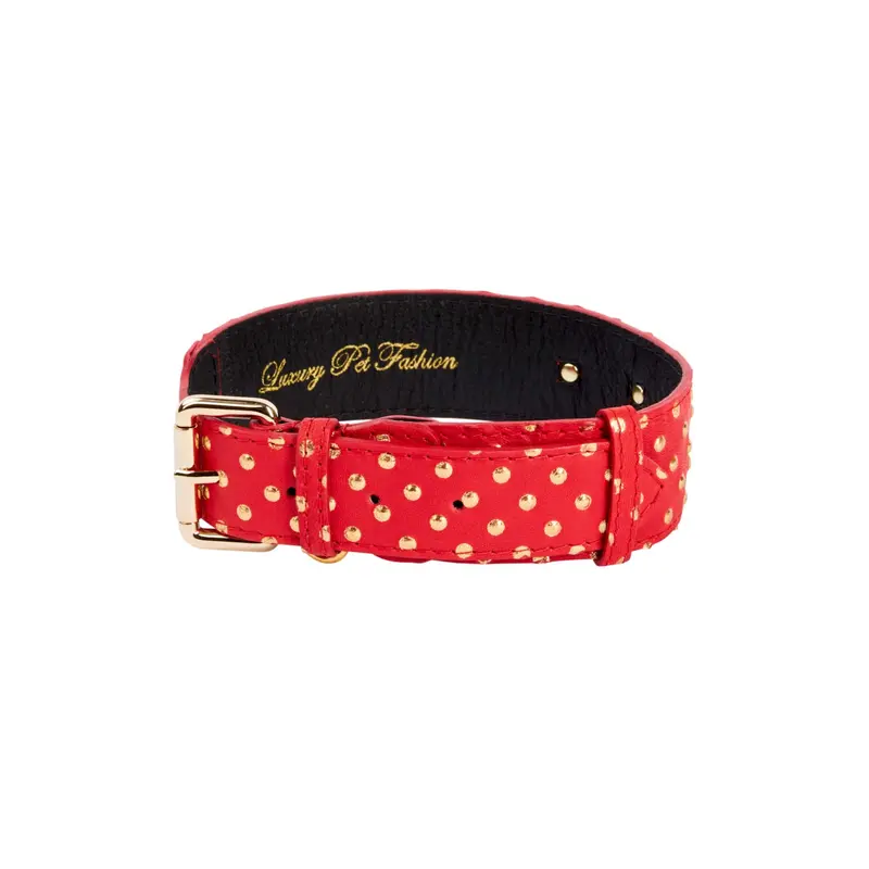 Red & Gold Polka Dot Italian Leather Classic Collar