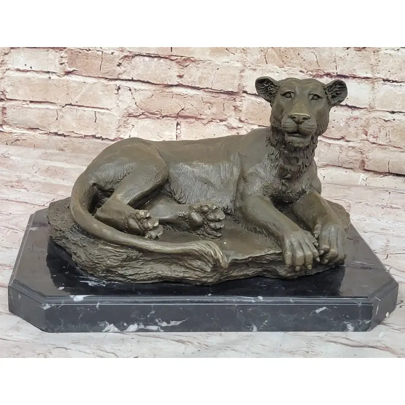 Art Deco Large Female African Wildlife Lion Bronze Sculpture Marble Statue Decor