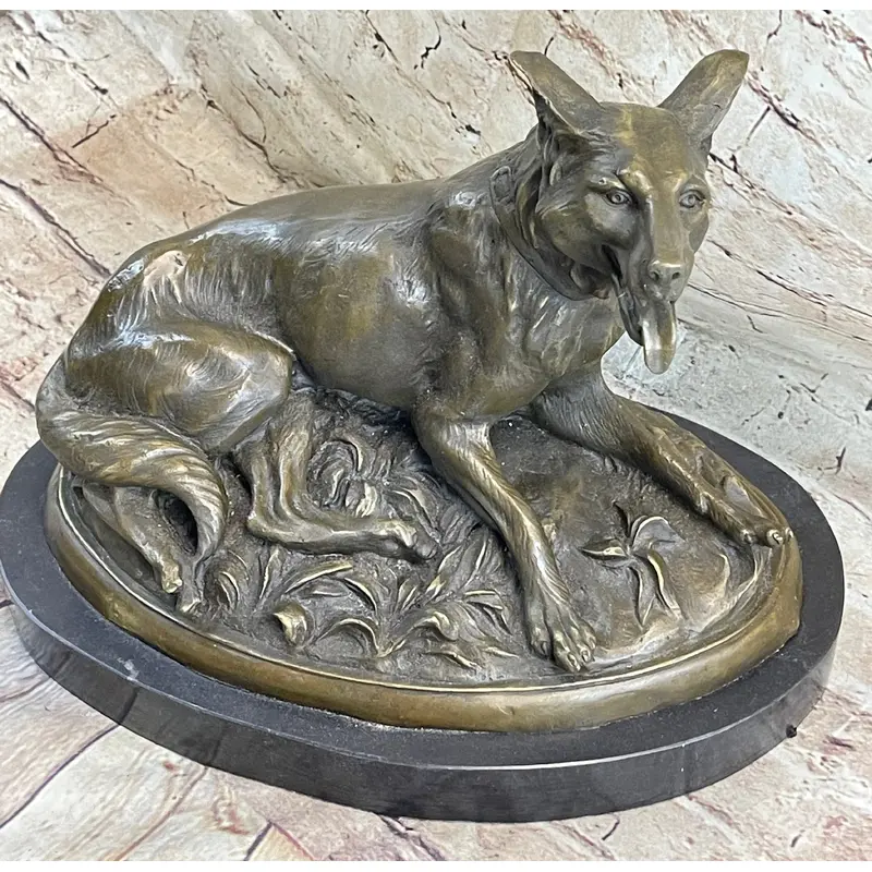 German Shepherd Dog Canine Bronze Art Sculpture Statue on Marble Base