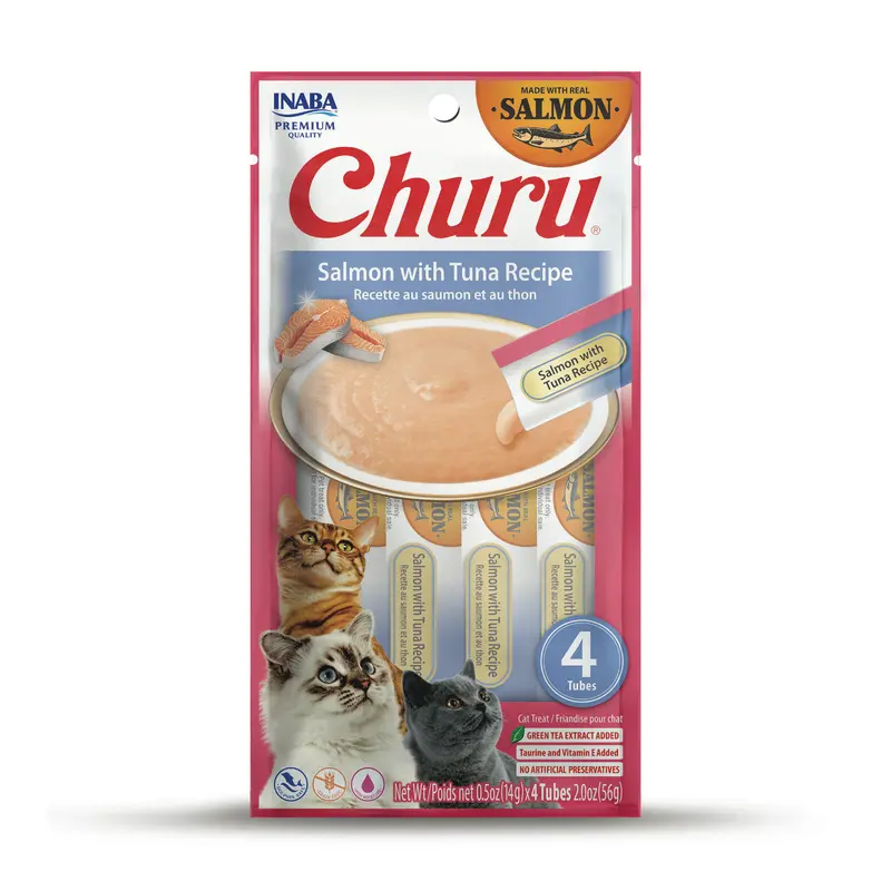 INABA Churu Cat Treats, Grain-Free, Lickable, Squeezable Creamy Pure Cat Treat with Vitamin E & Taurine, 0.5 Ounces Each Tube, 4 Tubes, Salmon with Tuna Recipe