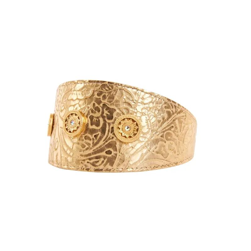 Gold Floral Print Italian Leather With Gold Sunflower Rivets
