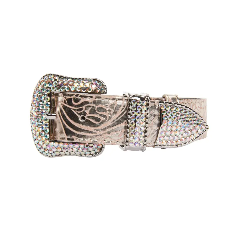 Soft Pink/Silver Floral Print Italian Leather With Silver Swarovski Crystal Hardware