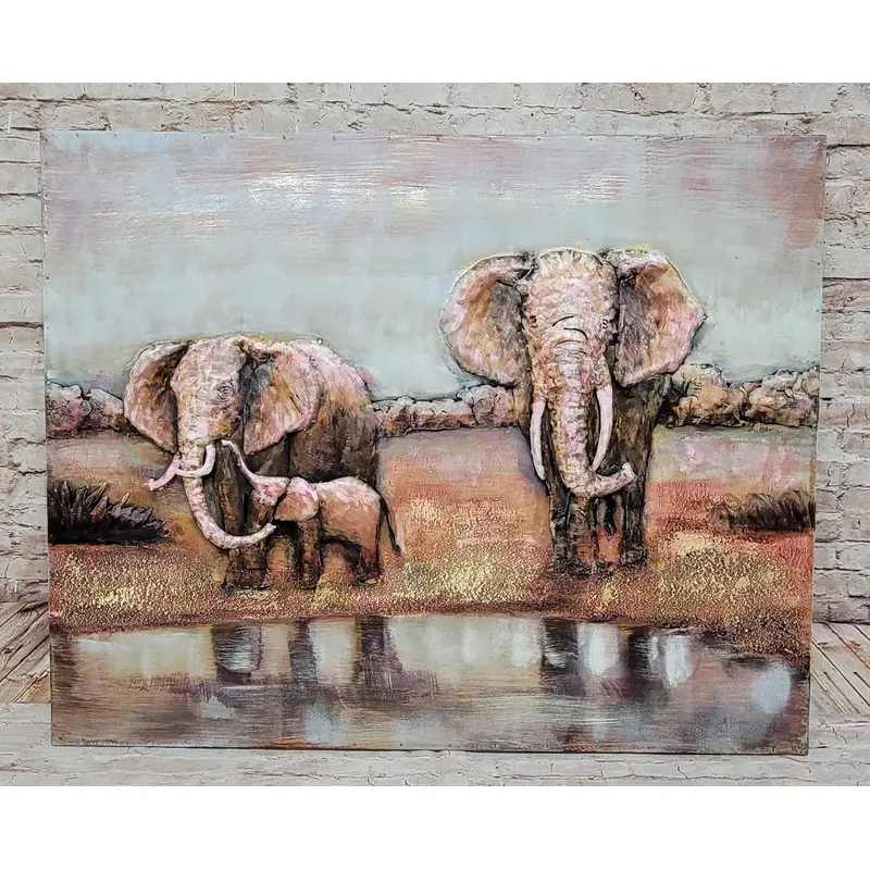Hand Made Wildlife African Elephants Family 3-D Oil Painting on Metal Canvas