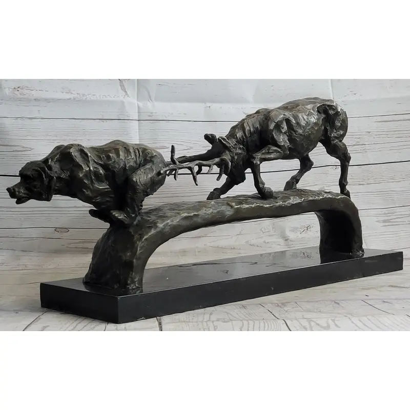 Elk Reindeer Caribou vs. Bear Bronze Sculpture Statue Wildlife Original Art Decor