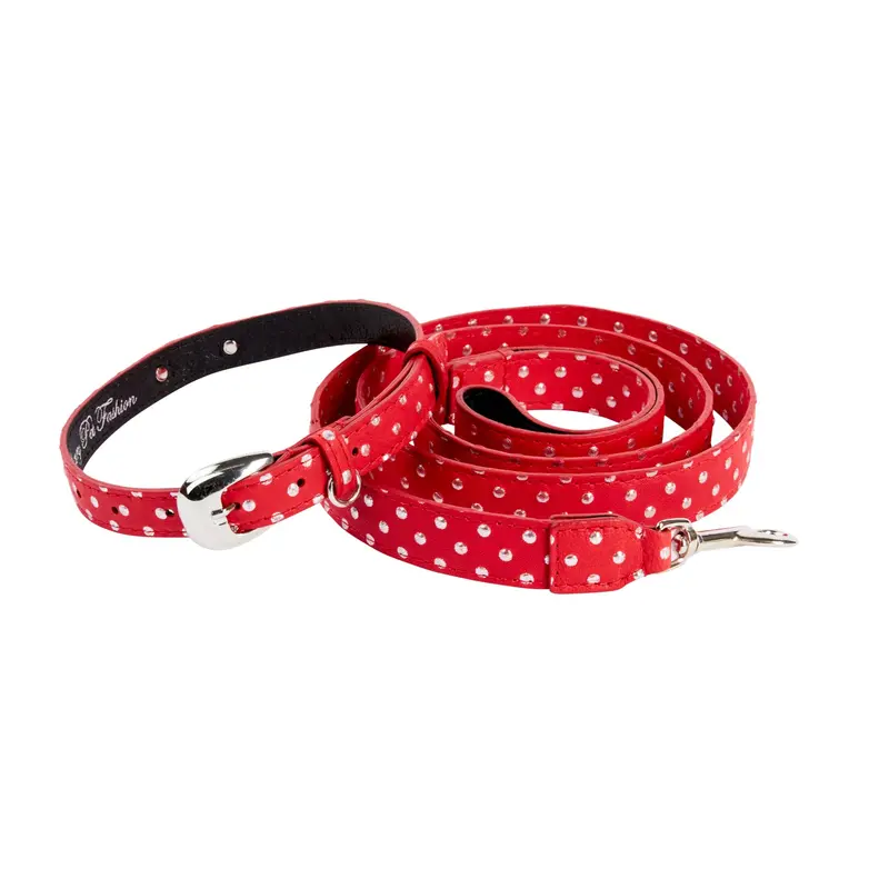 Red & Silver Polka Dot Italian Leather Collar & Leash Set With Silver Oval Hardware