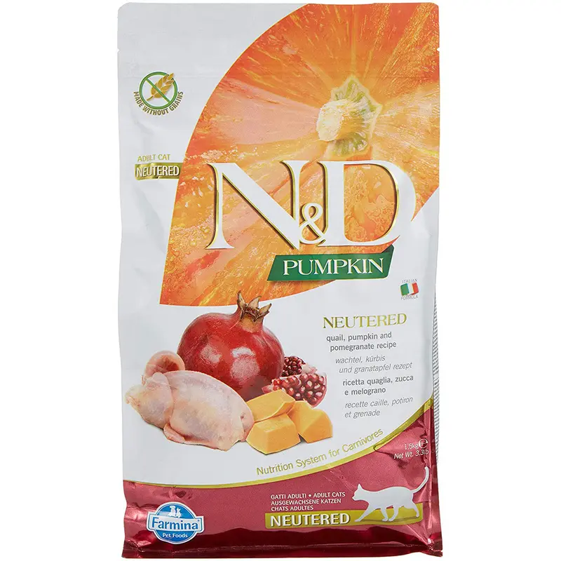 Farmina N&D Pumpkin Grain Free Neutered Dry Cat Food -  Quail & Pomegranate - 3.3lb Bag
