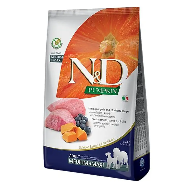 Farmina N&D Pumpkin Grain Free Medium/Maxi Dry Dog Food - Lamb & Blueberry - 5.5lb
