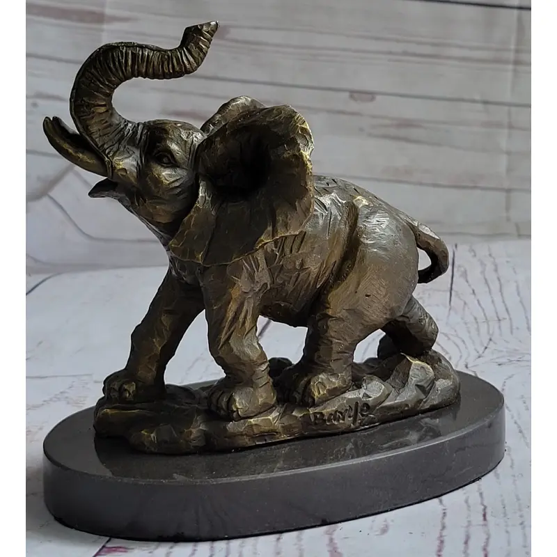 Trumpeting Elephant Trunk in the Air Bronze Metal Sculpture Statue Figure on Marble Base 7" x 8"