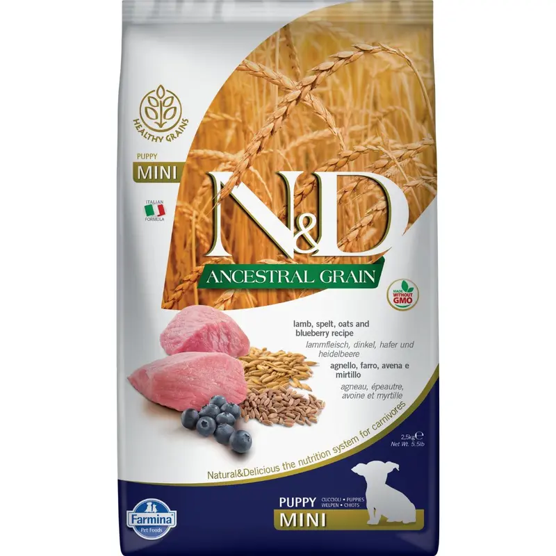Farmina N&D Ancestral Grain Puppy Dry Dog Food - Lamb & Blueberry, Mini Kibble - 5.5lb Bag