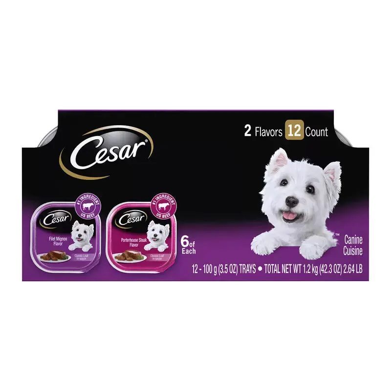 Cesar Classic Loaf in Sauce Filet Mignon & Porterhouse Steak Flavors Variety Pack Grain-Free Small Breed Adult Wet Dog Food Trays