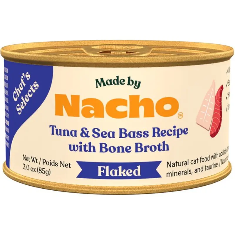 Nacho Flaked Tuna & Seabass Recipe in Bone Broth Wet Cat Food 3oz can