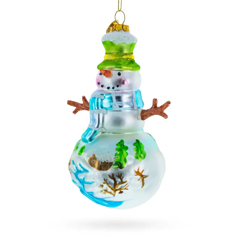 Snowman with Winter Village Painting Blown Glass Christmas Ornament