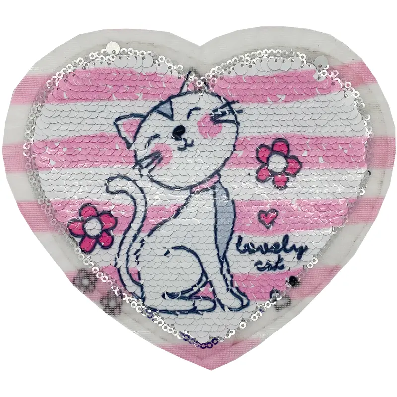 Pink Sequin Cat with Flowers Heart - Patch