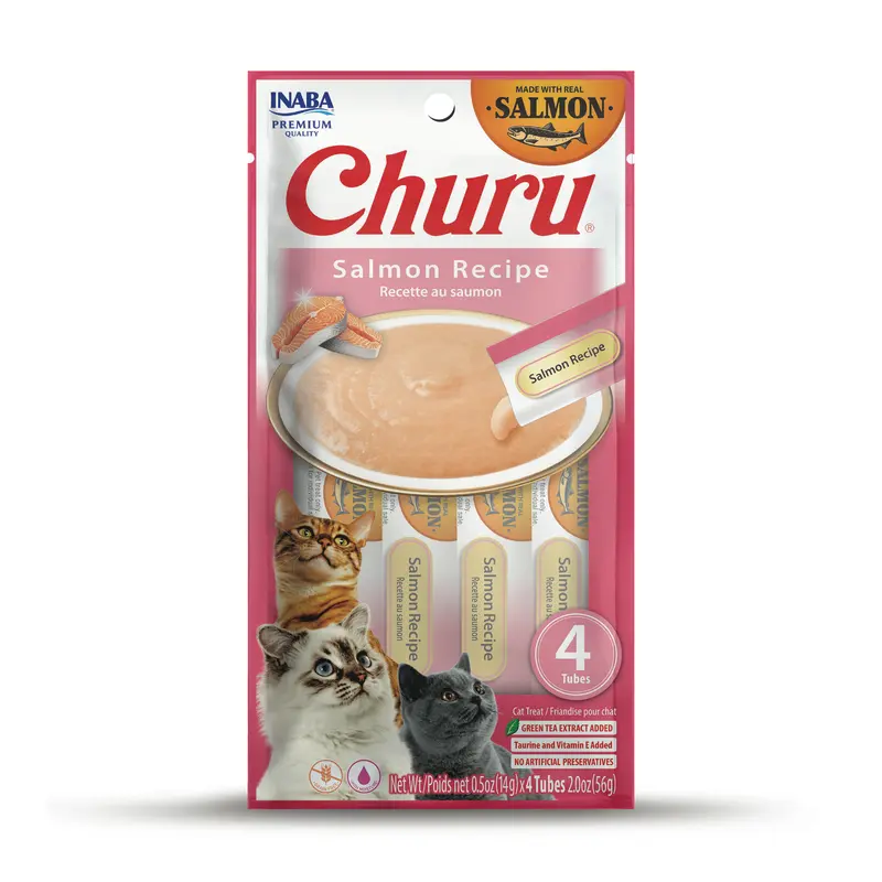 INABA Churu Cat Treats, Grain-Free, Lickable, Squeezable Creamy Pure Cat Treat with Vitamin E & Taurine, 0.5 Ounces Each Tube, 4 Tubes, Salmon Recipe