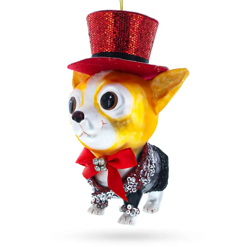 Chihuahua in Top Hat Blown Glass Christmas Ornament