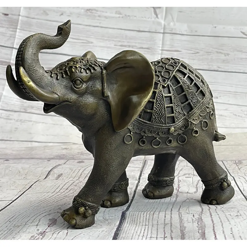 Indian Elephant Bronze Metal Figurine Sculpture Decor Signed Original 8.5" x 12"