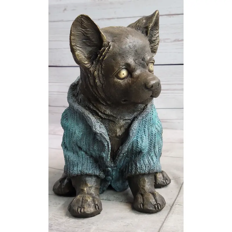 Chihuahua Puppy Dog Wearing Blue Sweater Bronze Metal Figurine Sculpture Decor