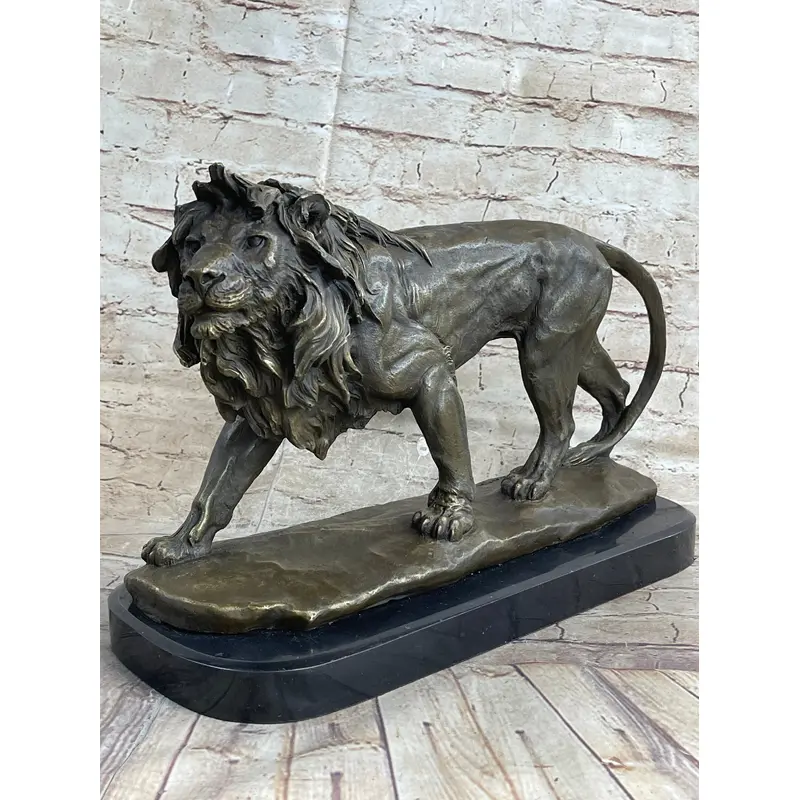 Lion Bronze Sculpture Statue Figure Handmade Art by Antoine Barye on Marble Base
