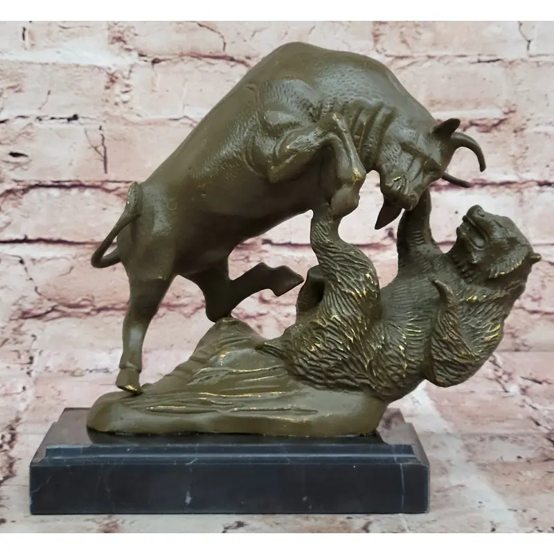 Bull and Bear Bronze Sculpture - Financial Market Symbol Animal Art