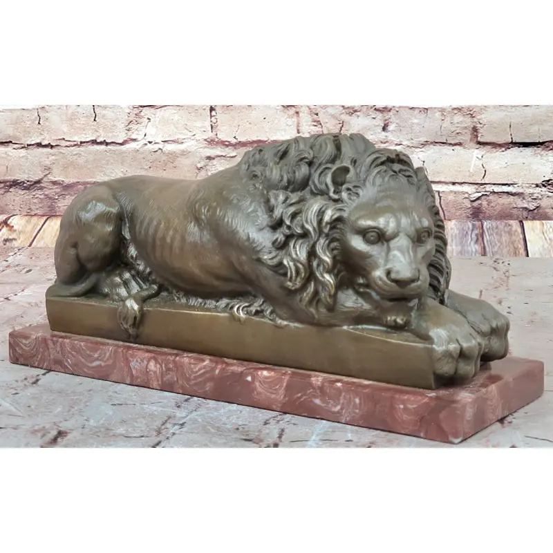 Guardian Lion Bronze Statue Sculpture Figure on Red Marble Base 7" x 12.5"