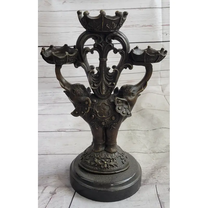 Two Headed Elephant Candle Holder Bronze Sculpture Marble Base Figurine Statue