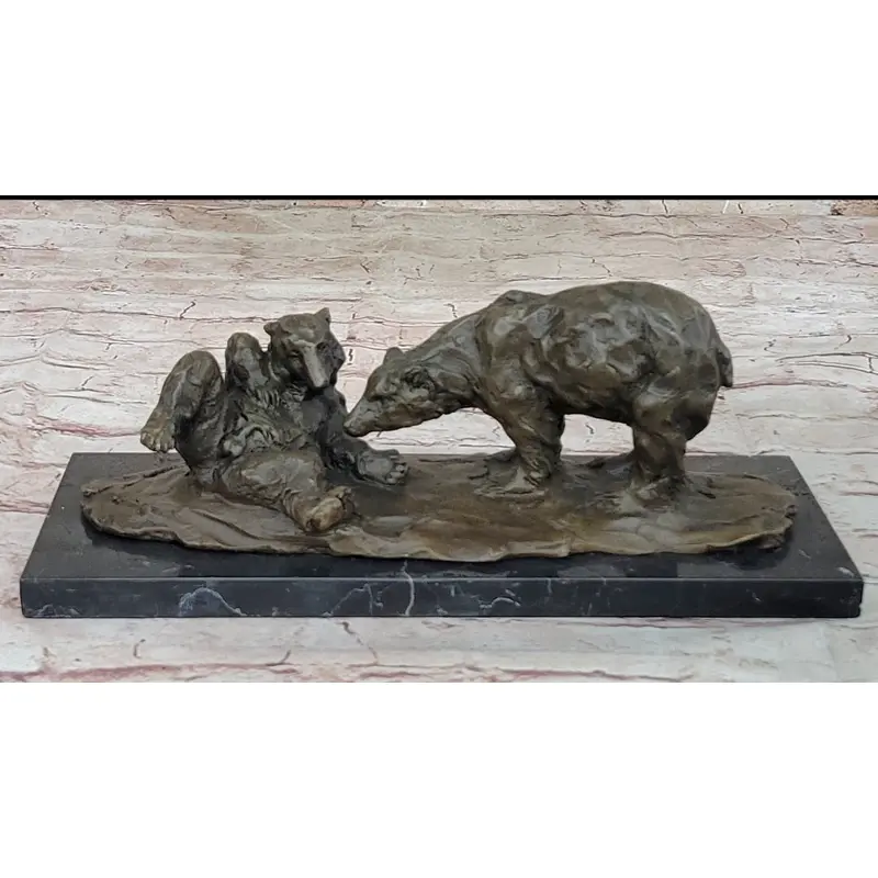 Two Playful Bears Bronze Sculpture Statue Bear Figure on Marble Base by Milo